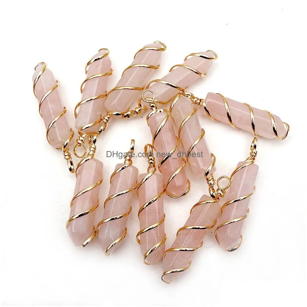 natural stone wire wrap hexagon prism charms rose quartz tiger eye amethyst red agate chakra pendant for necklace making