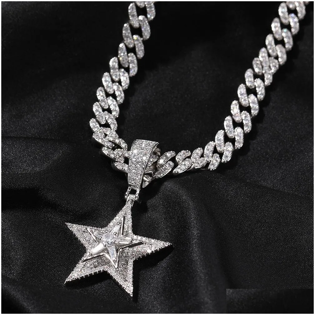 zircon star pendant necklace hip hop bling for men - 5 pointed star rotating design gold plated