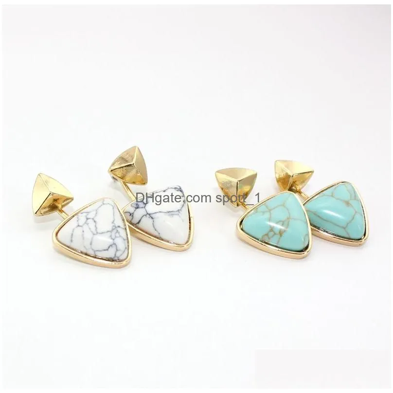 fashion gold plated natural stone stud earrings geometric triangle turquoise earrings for women jewelry