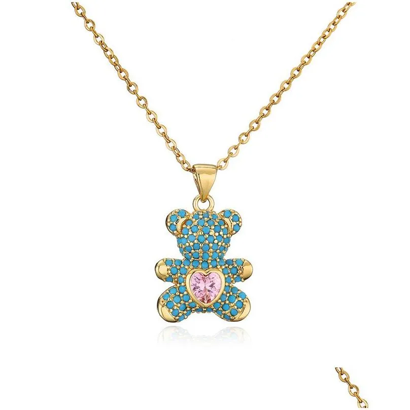 colorful zircon pave setting love bears pendant gold chain necklace cute woman gift jewelry