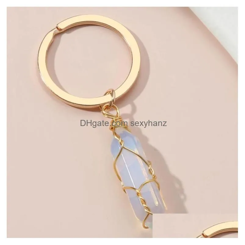  design keychain colorful natural stone key chains wire wrap stone key ring for women men handbag accessorie handmade jewelry