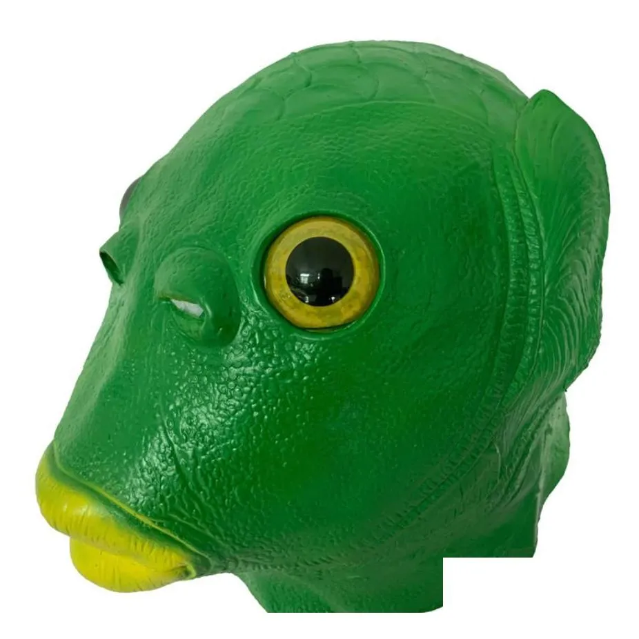 novelty latex green fish head mask - open mouth animal cosplay prop for adults