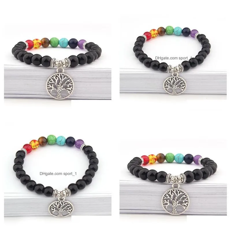 8mm natural stone bracelet 7 chakra tree of life charm bracelets multicolor beads stones bracelet women men yoga bracelets