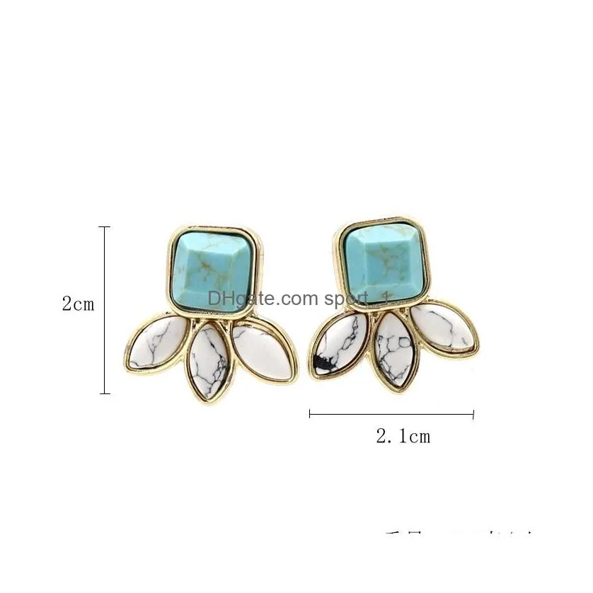 fashion gold plated natural stone stud earrings geometric triangle turquoise earrings for women jewelry