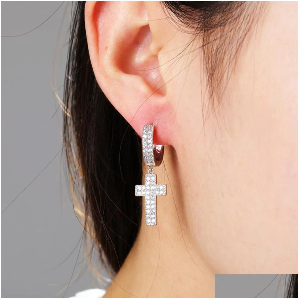 hip hop shining cross dangle earrings bling white zircon hoop earrings 18k real gold/platinum plated jewelry