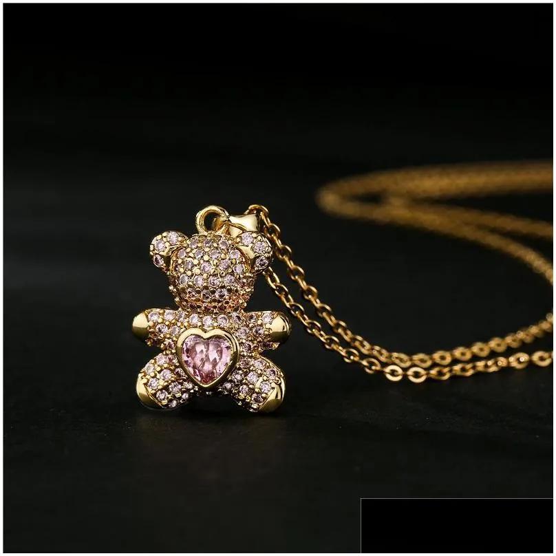 colorful zircon pave setting love bears pendant gold chain necklace cute woman gift jewelry