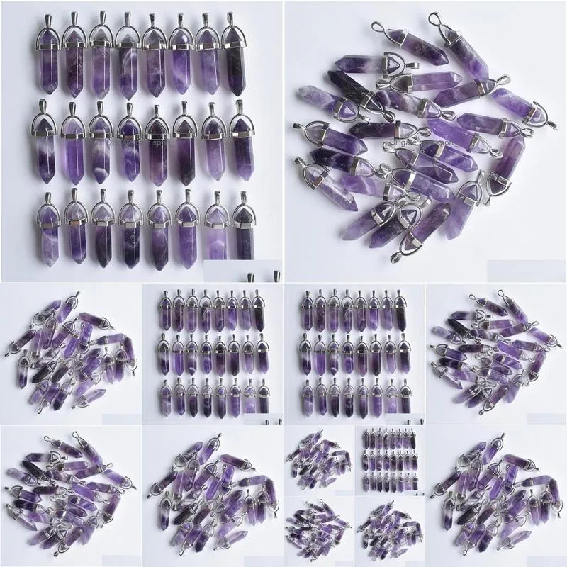 natural stone charms amethyst hexagonal healing reiki point pendants for jewelry making diy necklace earrings