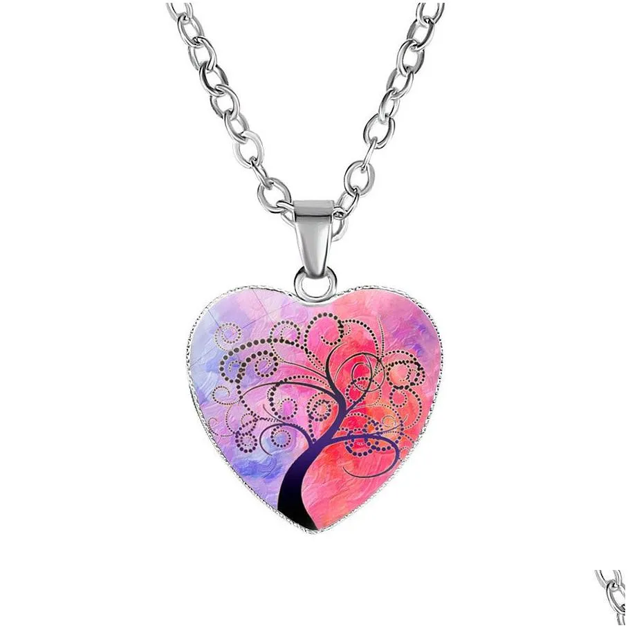  tree of life necklaces for women glass cabochon heart shape plant pendant silver chains fashion jewelry gift