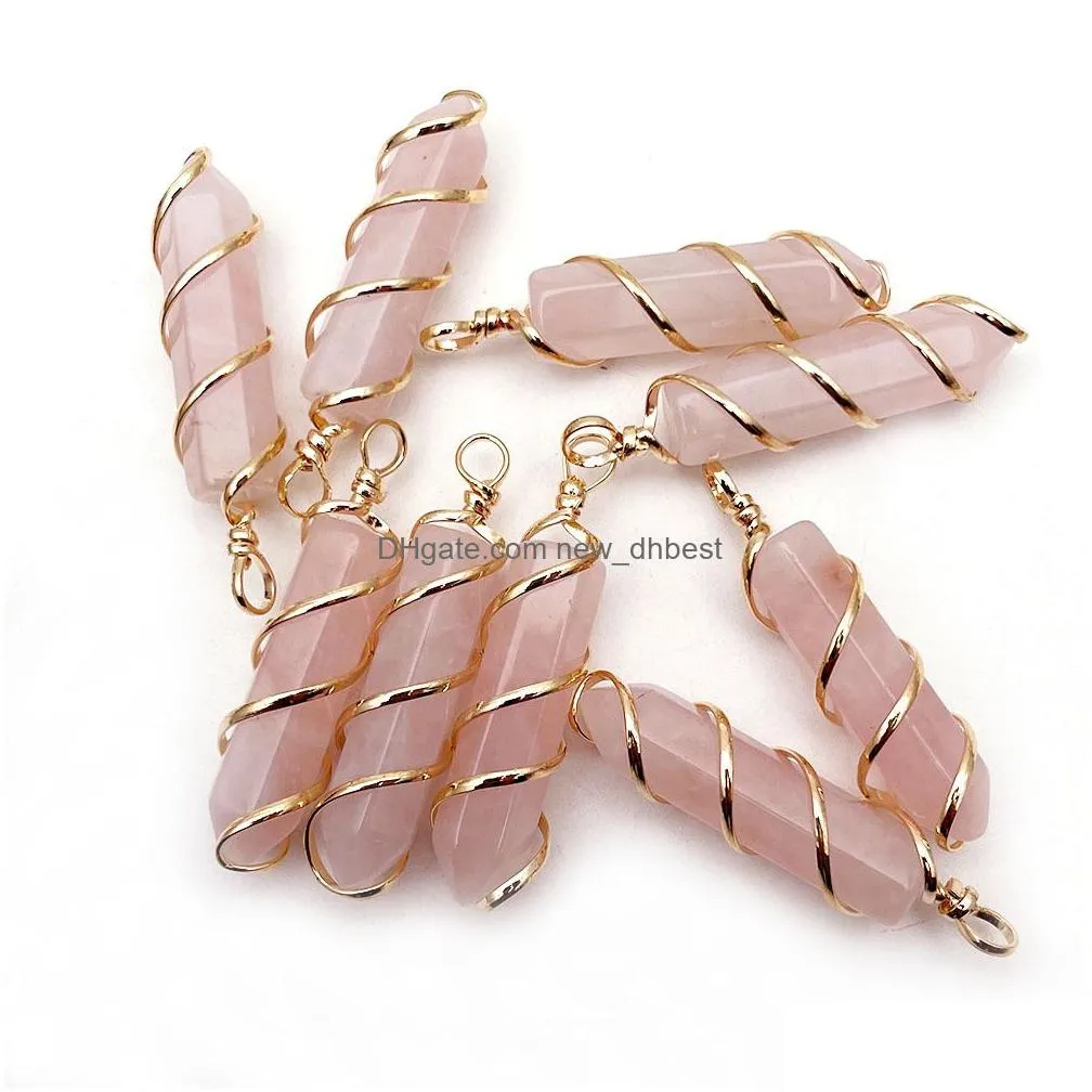 natural stone wire wrap hexagon prism charms rose quartz tiger eye amethyst red agate chakra pendant for necklace making