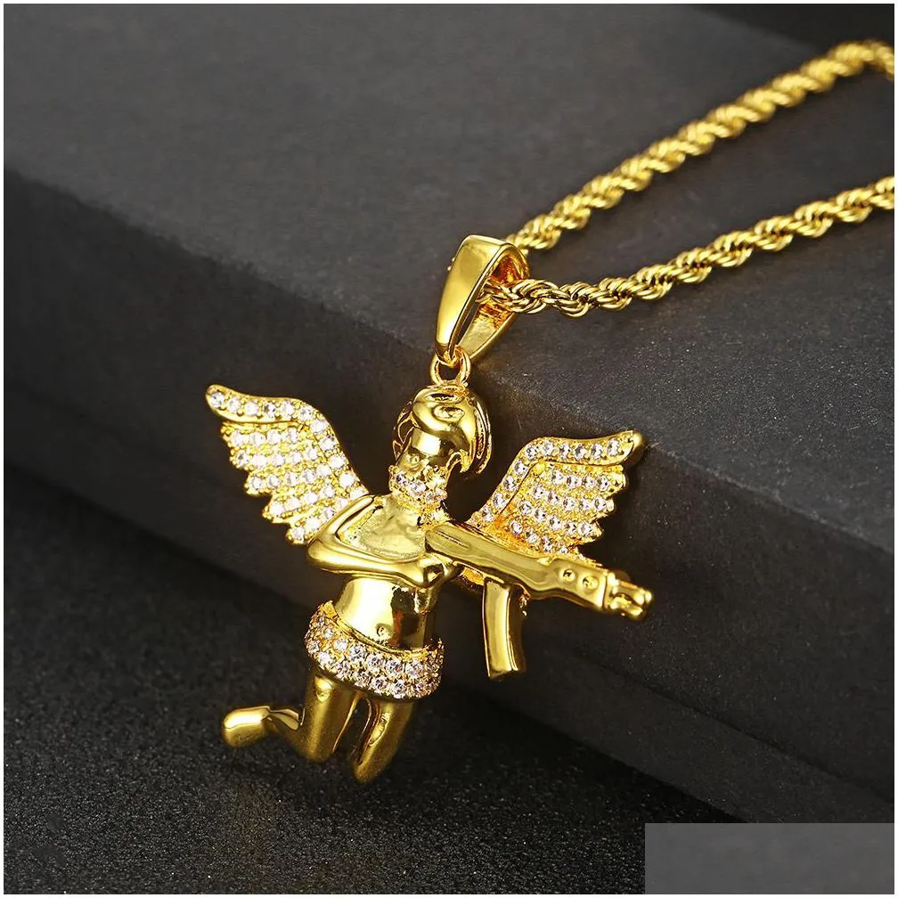 angel gunner necklace hip-hop style with zirconia crystal wings - bold edgy statement piece