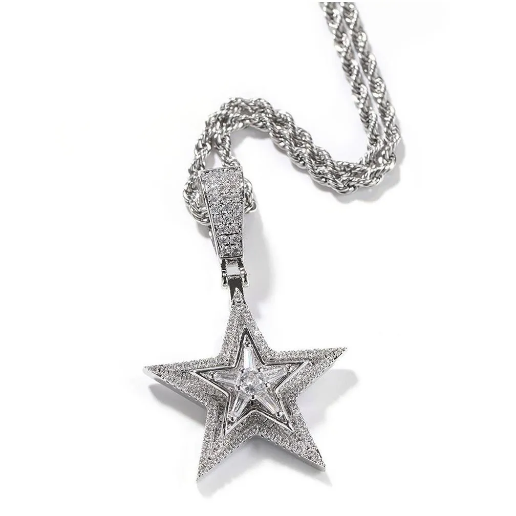 zircon star pendant necklace hip hop bling for men - 5 pointed star rotating design gold plated