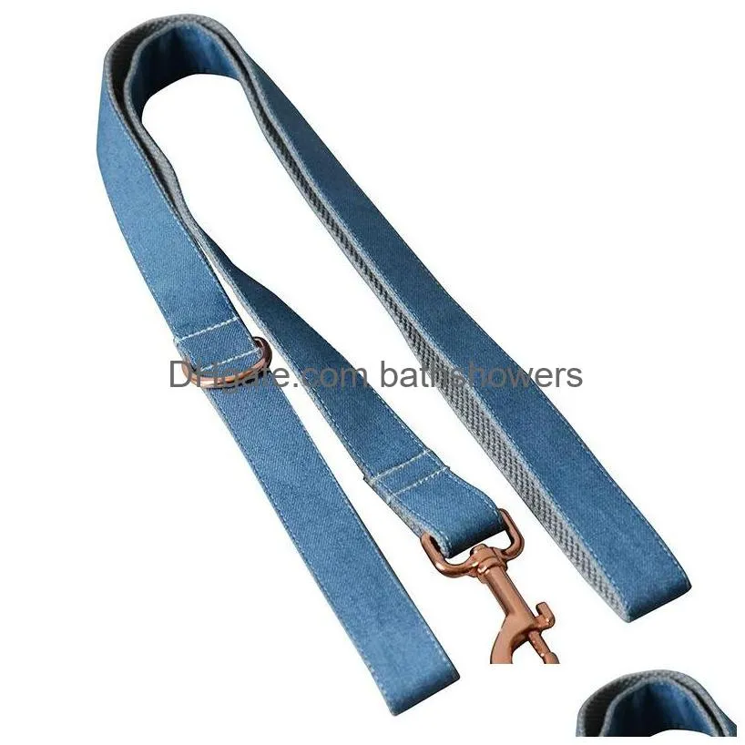 blue denim pets collars leash set rose gold metal buckle dog collar teddy bulldog corgi pet accessories
