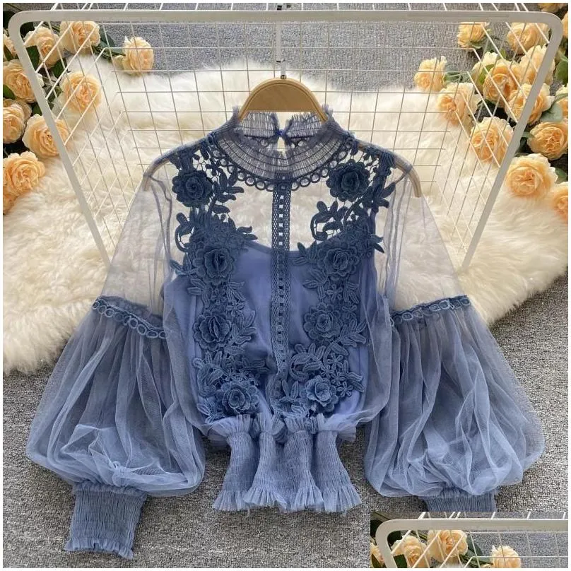 womens blouses shirts women spring autumn long sleeve top perspective decal vintage dress white/blue/black/purple lantern lace court