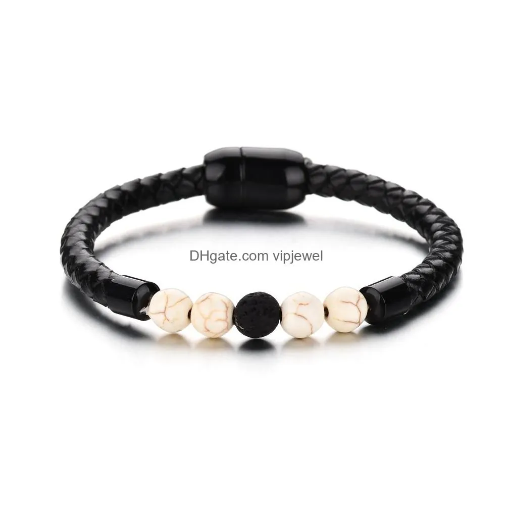 fashion leather lava chakra stone beads  oil diffuser braceletbracelet black stainless bracelets bangles for men punk