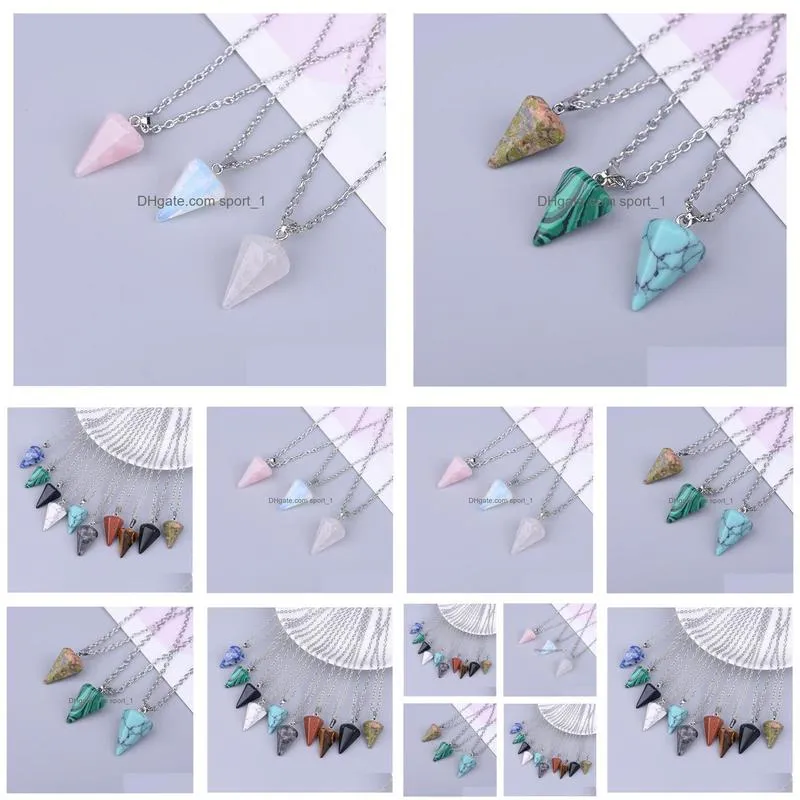 natural stone hexagonal pyramid shape turquoise opal druzy drusy pendant necklace with 50cm stainless steel chain