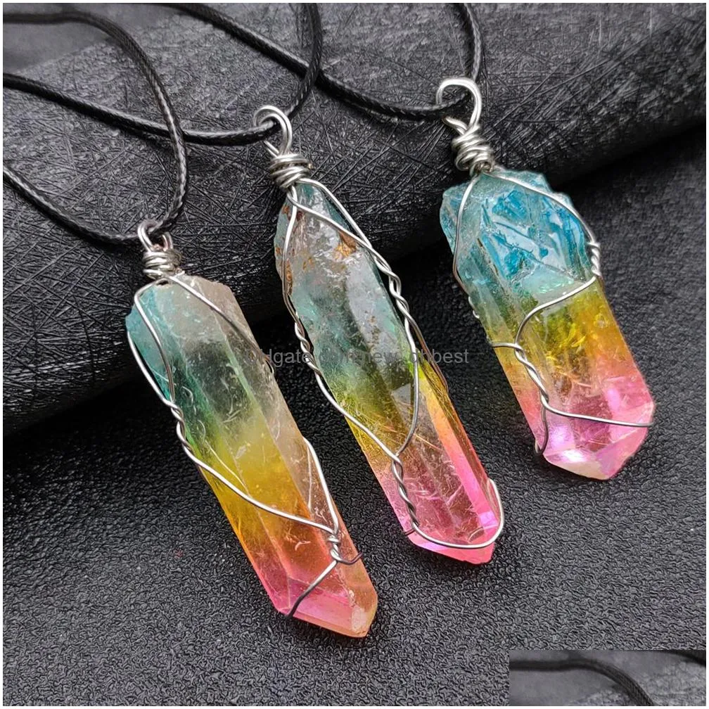electroplated irregular colorful crystal column pendant necklace natural crystal chakra necklaces choker for women jewelry