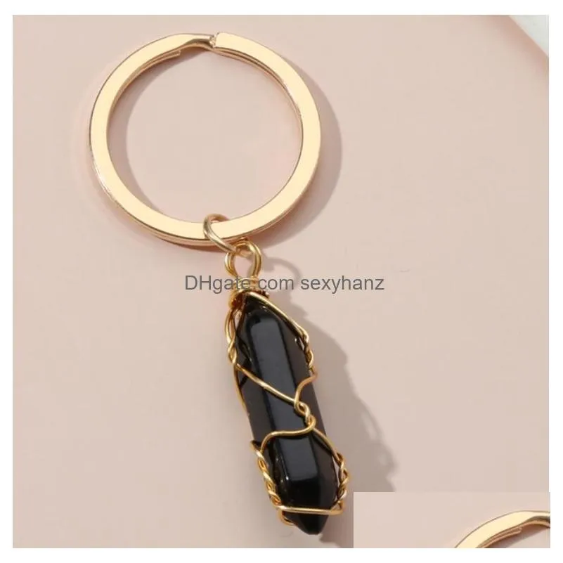  design keychain colorful natural stone key chains wire wrap stone key ring for women men handbag accessorie handmade jewelry