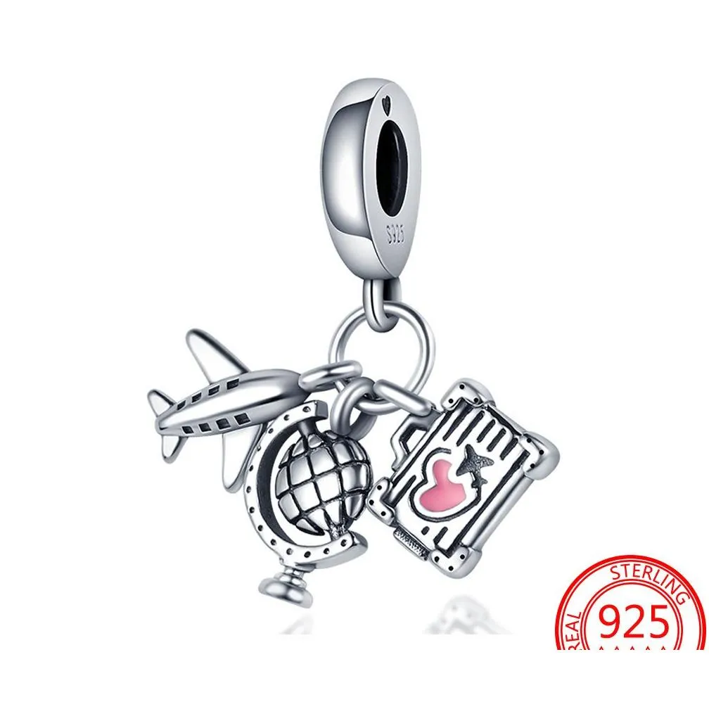 925 silver fit pandora charm 925 bracelet pink travel shopping bag charms set pendant diy fine beads jewelry