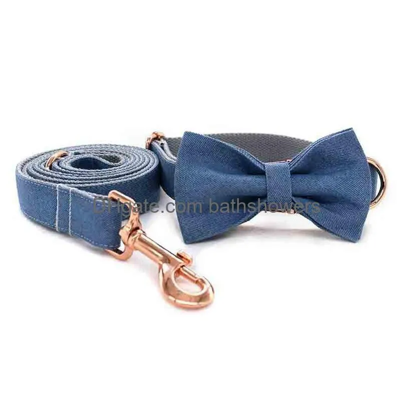 blue denim pets collars leash set rose gold metal buckle dog collar teddy bulldog corgi pet accessories