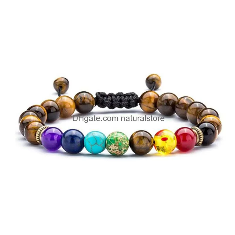 7 chakra adjustable strand bracelet beaded men women lava rock tiger eye black matte beads natural stone braided bracelets yoga