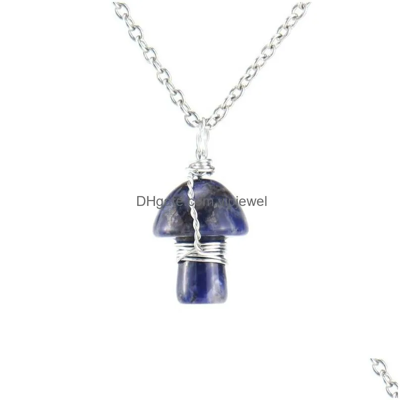 wire wrap carving mushroom pendant reiki healing crystal tiger eye rose quartz opal aventurines necklace for women jewelry