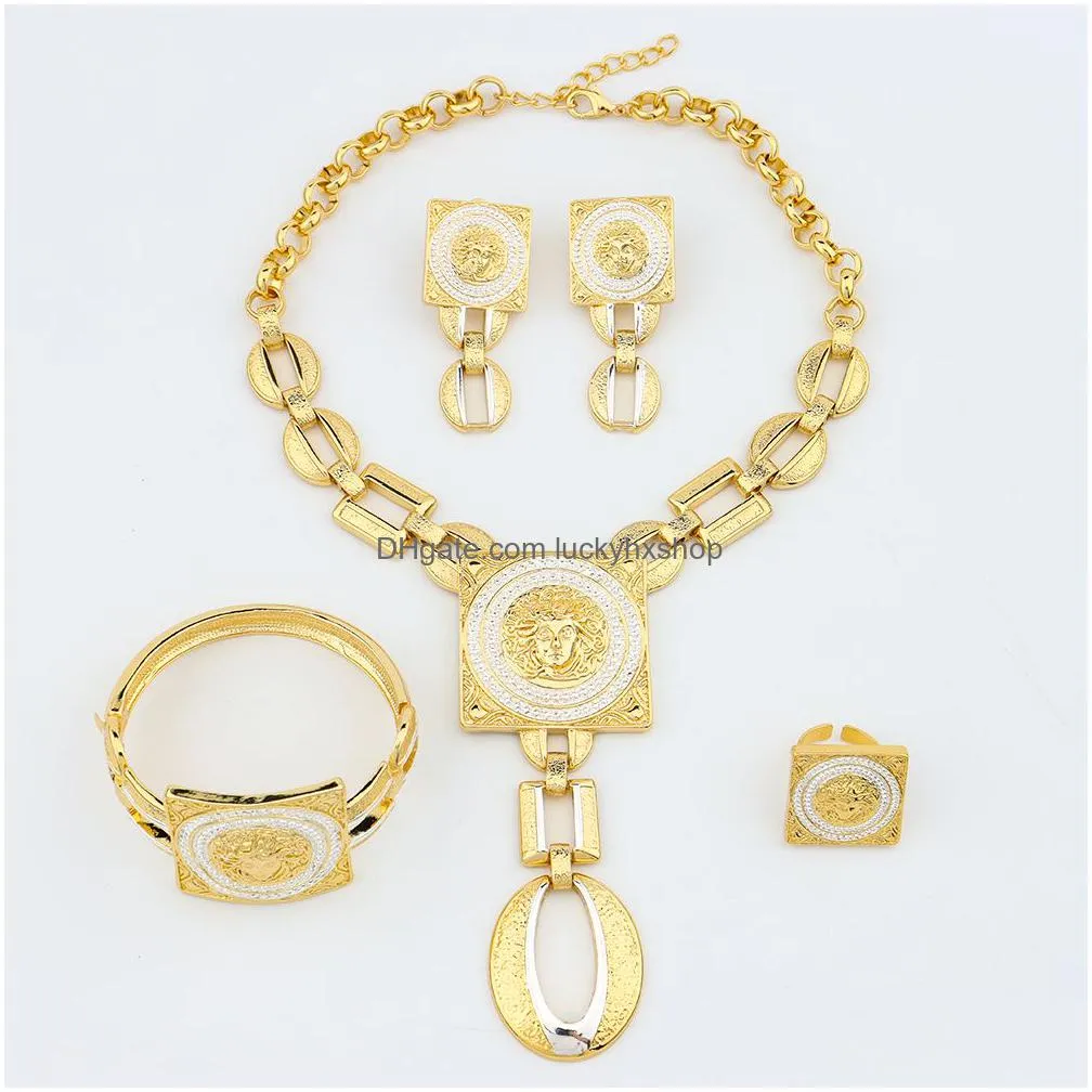 wedding jewelry sets dubai gold plated jewelry set with gift box ladies fashion copper necklace bracelet earrings ring jewelry for women holiday gift