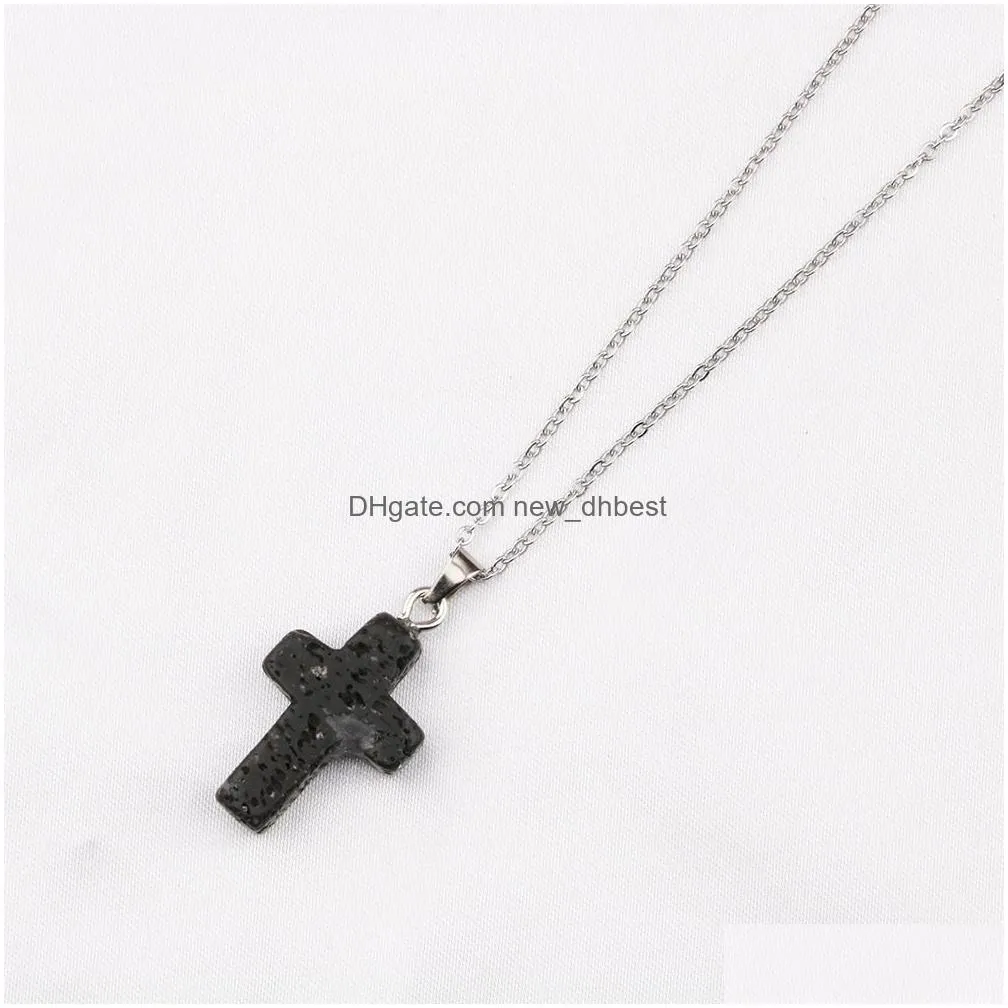natural black lava stone cross necklace aromatherapy essential oil perfume diffuser pendant pu chain necklace women men jewelry