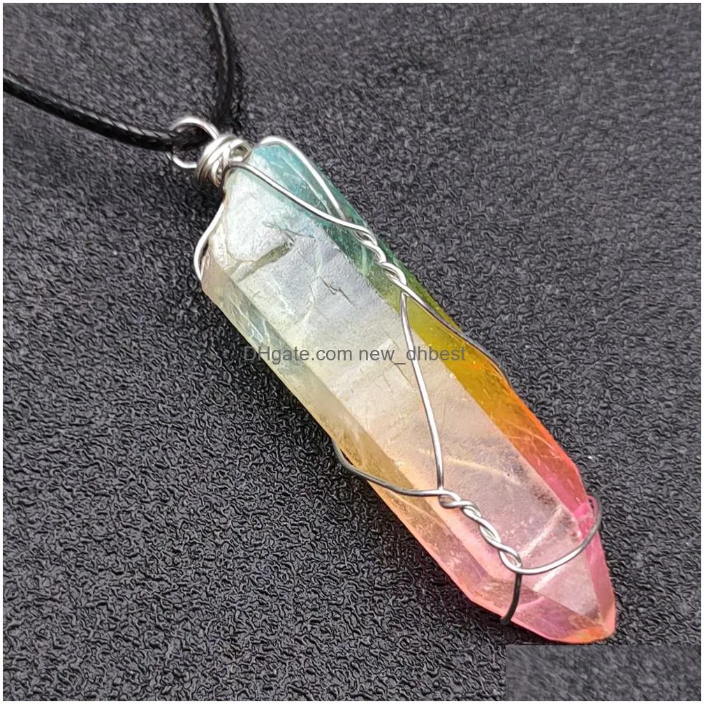 electroplated irregular colorful crystal column pendant necklace natural crystal chakra necklaces choker for women jewelry