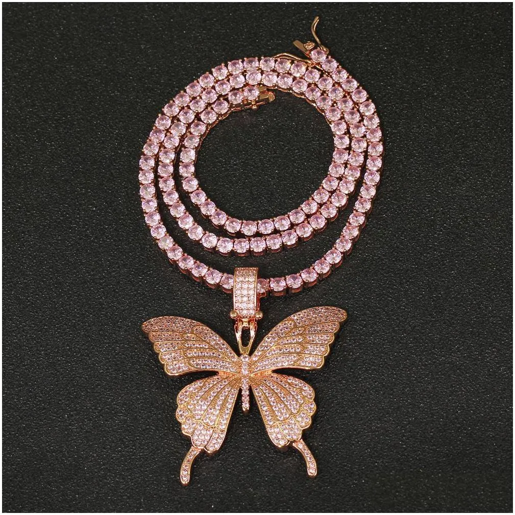 pink zircon butterfly necklace hip hop bling for men women real gold/platinum plated lovers gift