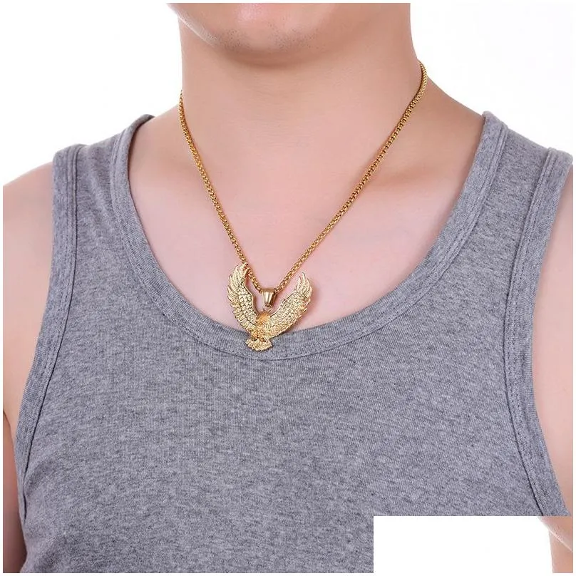 retro  mens necklace 316l stainless steel gold plated mens animal hawk wing pendant jewelry