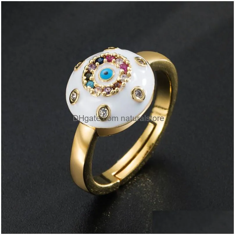 colorful adjustable zircon ring evil eye design gold plated copper unique oil dropping effect - statement jewelry