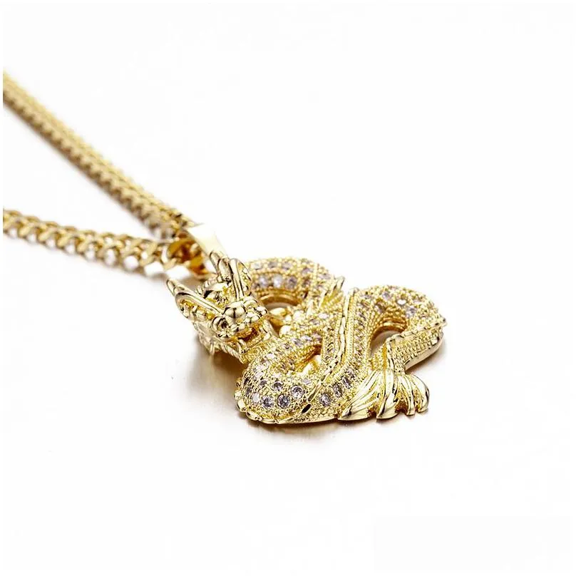 chinese dragon white zircon pendant hip hop designer necklace for lovers - gold-plated jewelry