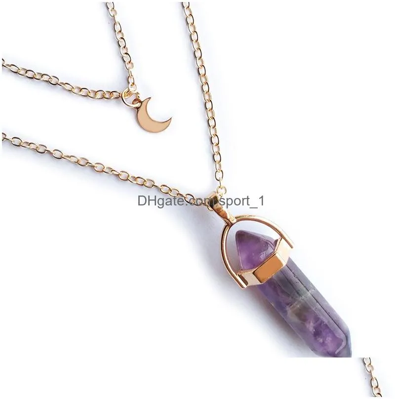 multilayer lucky energy crystal hexagonal prism bullet natural stone moon quartz druzy necklace for women jewelry