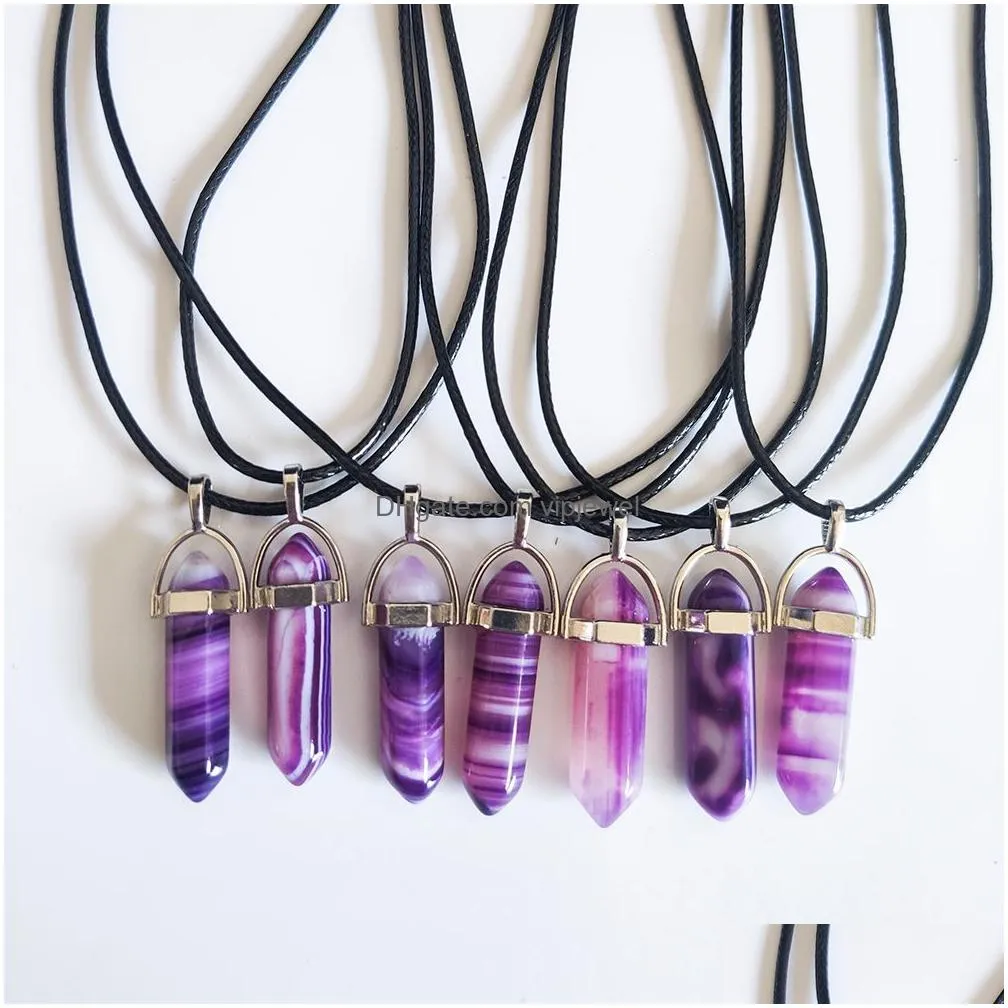 natural stone stripe agate hexagonal prism shape pendant necklaces reiki healing charms pu chain necklace for women jewelry