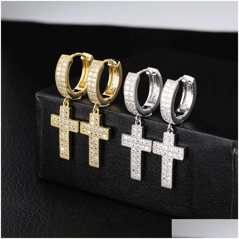 hip hop shining cross dangle earrings bling white zircon hoop earrings 18k real gold/platinum plated jewelry