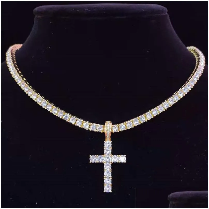 pendant cross necklace with zircon tennis chain - hip hop iced out jewelry for men and women