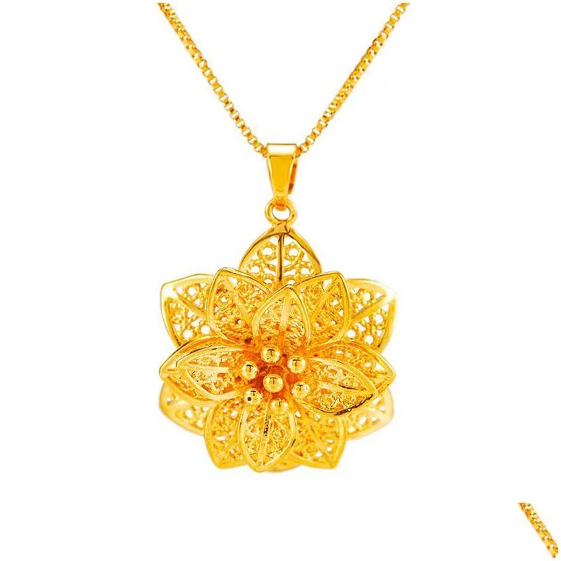 bling flower pendant necklace 24k real gold plated jewelry women christmas gift