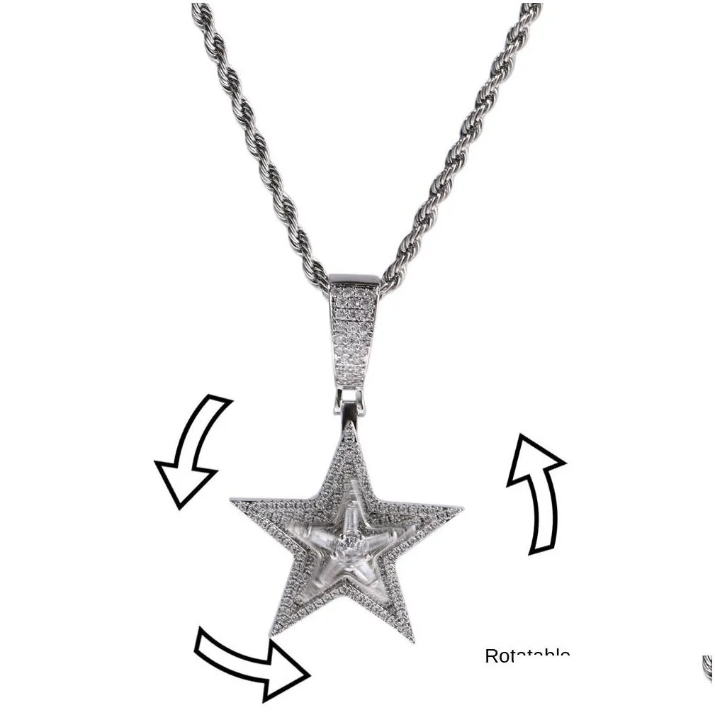 zircon star pendant necklace hip hop bling for men - 5 pointed star rotating design gold plated