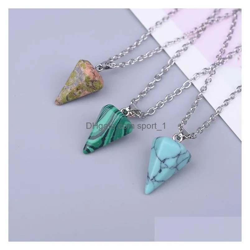 natural stone hexagonal pyramid shape turquoise opal druzy drusy pendant necklace with 50cm stainless steel chain