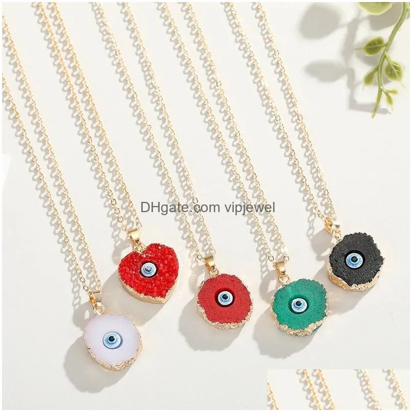 simple heart evil eye druzy drusy pendant necklace women resin handmade clavicel chains necklaces for female christmas imitation natural stone