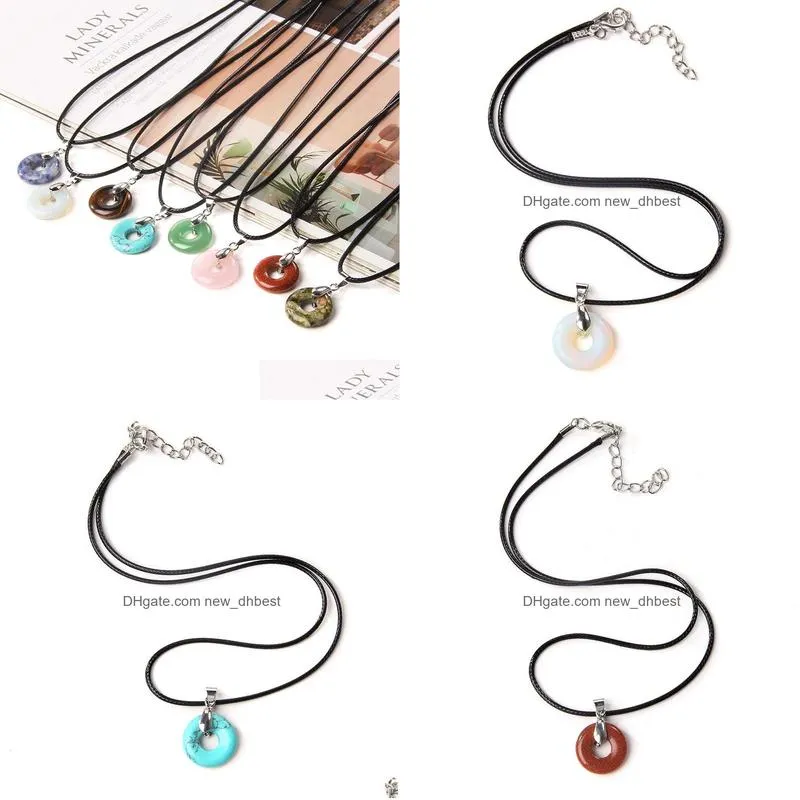 reiki natural stone peace buckle pendant quartz crystal turquoises tiger eye opal aventurine donuts pendant leather chains necklace for women