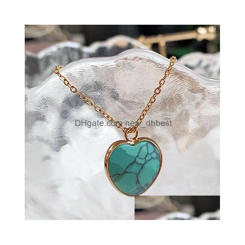 heart pendant necklace for women love sweet heart charm natural quartz stone turquoise opal pink crystal pendulum necklaces