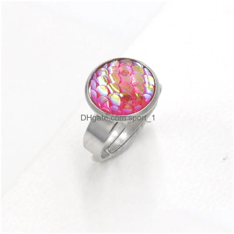 fashion resin fish scale druzy drusy ring stainless steel 12mm mermaid scale open ring for women jewelry