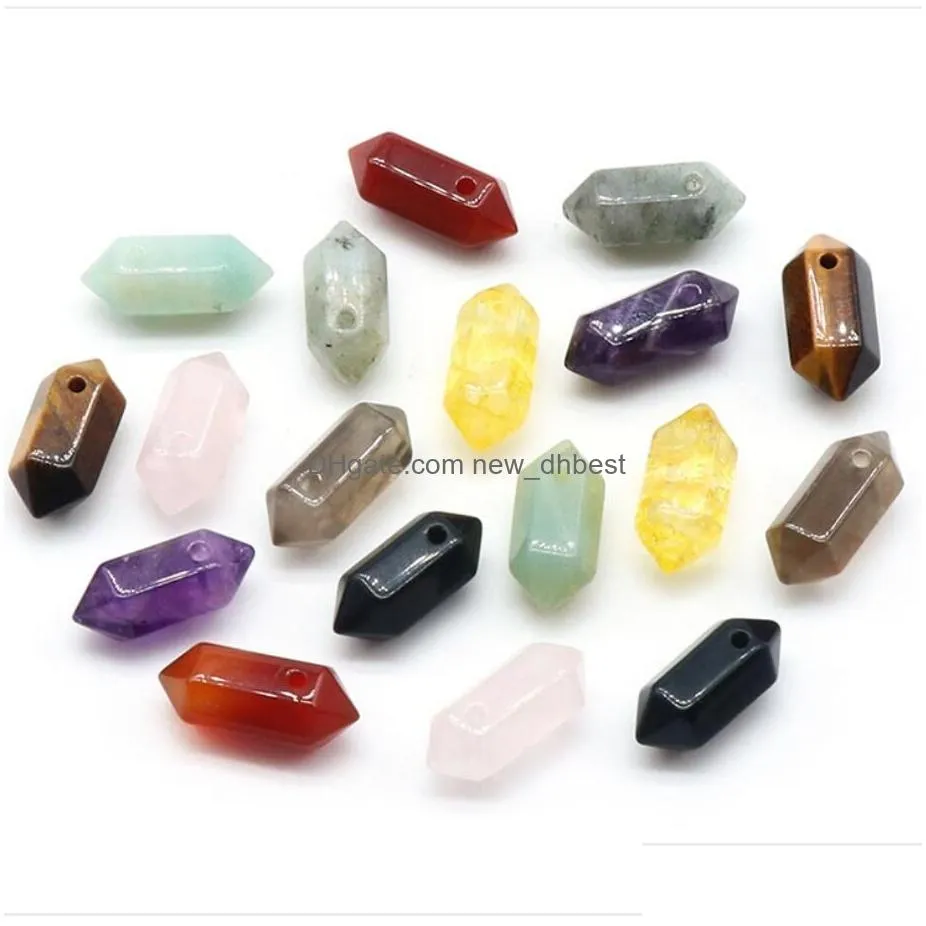 natural stone 8x20mm hexagon prism charms quartz tigers eye turquoise crystal pendants clear gem stone fit necklace making assorted