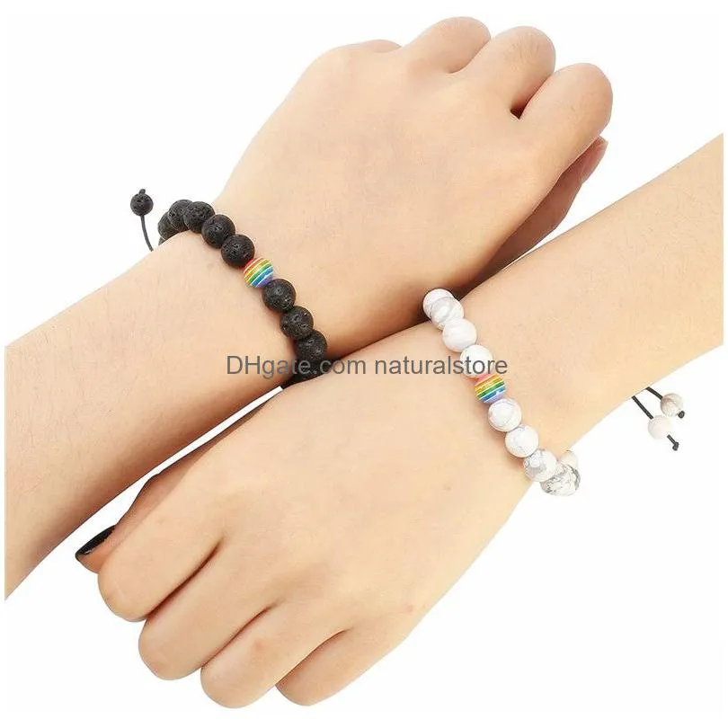 rainbow pride couple bracelet beaded strands jewelry white howlite black lava rock beads oil diffuser bracelets for men women