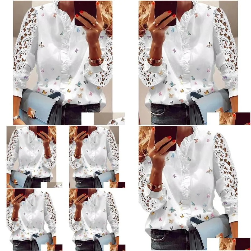 womens blouses shirts women elegant fashion butterfly print top ruffled trim casual long lace sleeve blouse