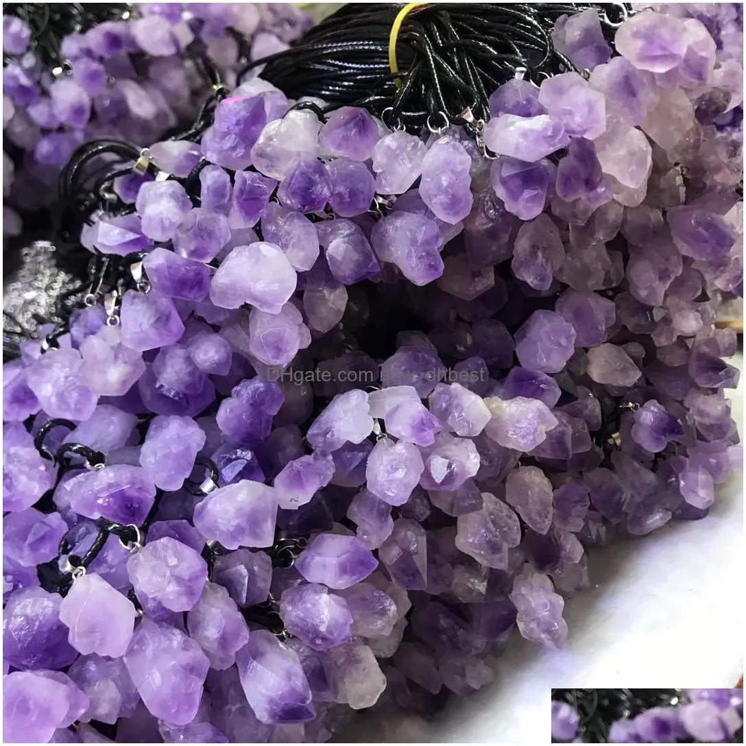 natural amethysts stone pendant necklace high quality leather rope necklace women trendy jewelry factory wholesale