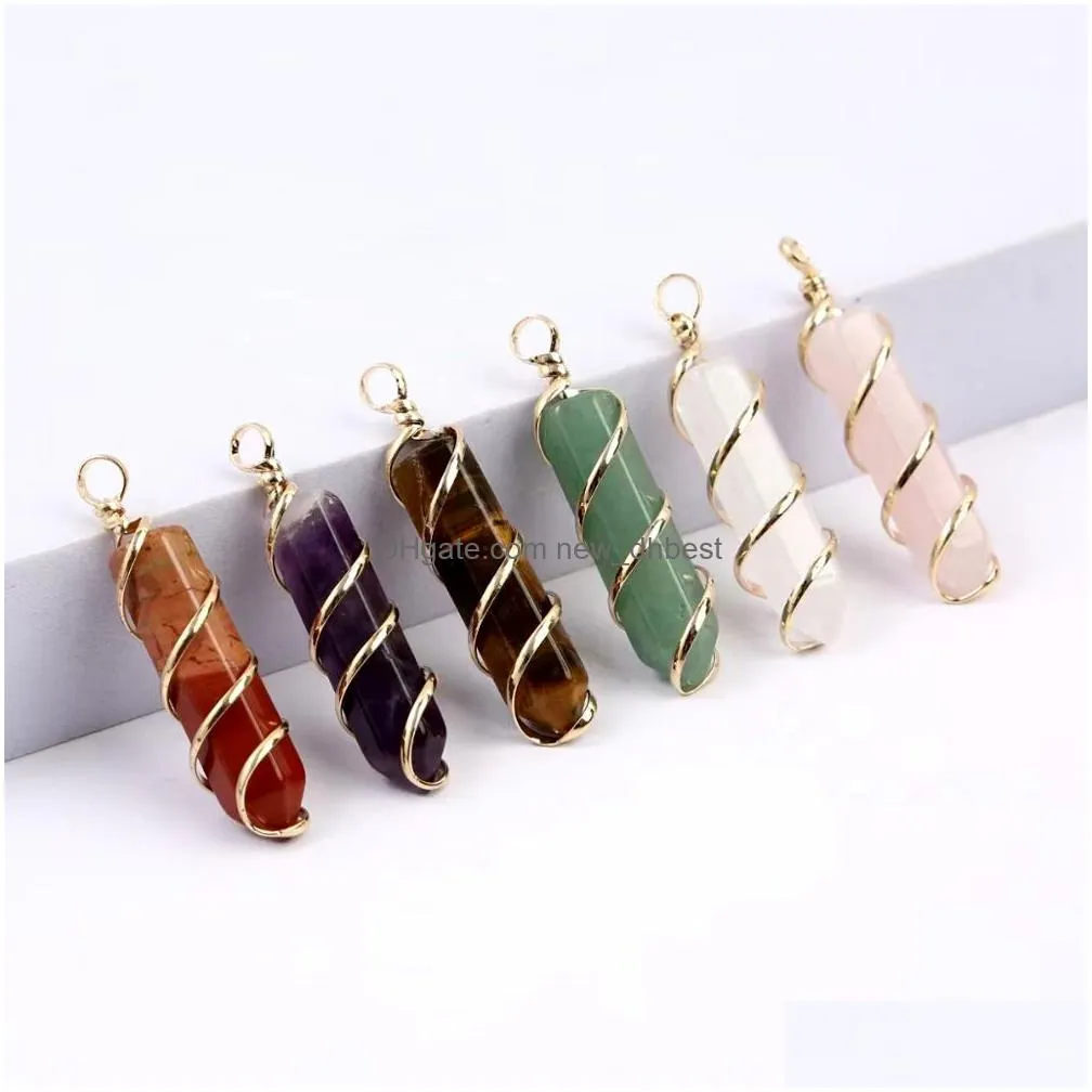 natural stone wire wrap hexagon prism charms rose quartz tiger eye amethyst red agate chakra pendant for necklace making