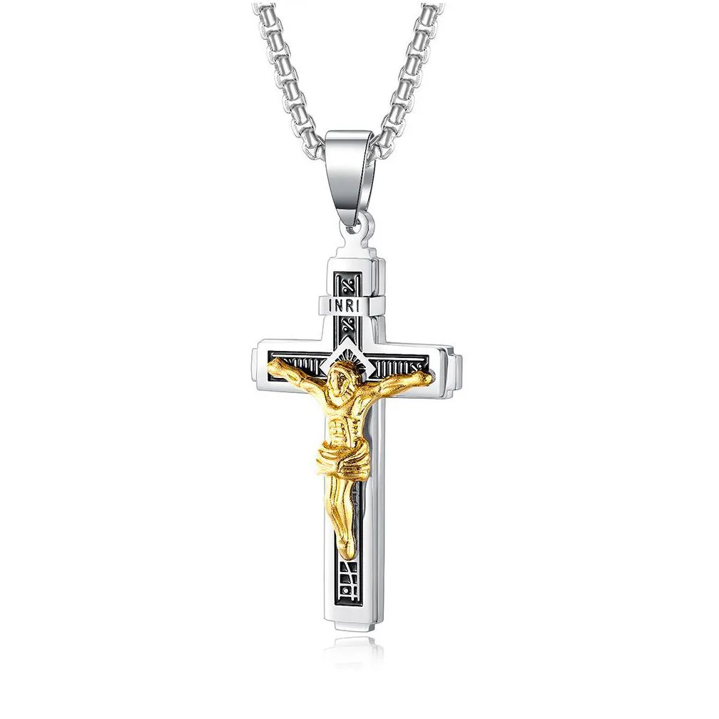 jesus cross pendant necklace gold/black gun plated stainless steel fashion religious jewelry for women men