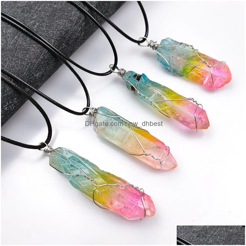 electroplated irregular colorful crystal column pendant necklace natural crystal chakra necklaces choker for women jewelry